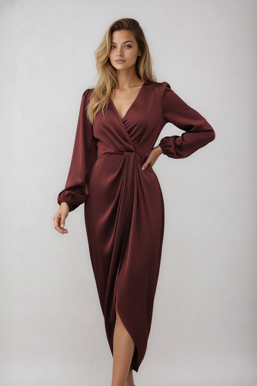 Dames Wikkel Midi Jurk – Getailleerd, Casual voor Winter en Avondkleding