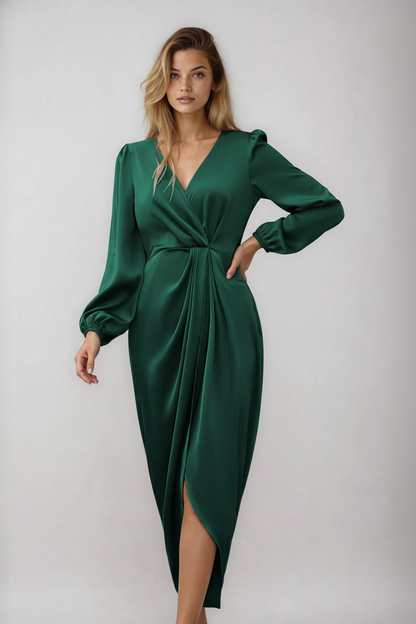 Dames Wikkel Midi Jurk – Getailleerd, Casual voor Winter en Avondkleding