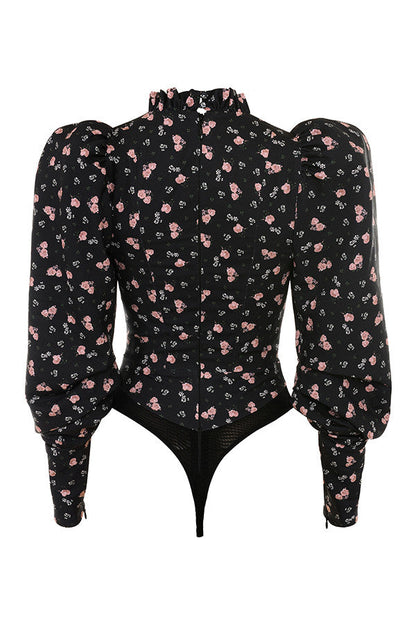 Havina - Zwarte Bloementop met Cut-Out en Hoge Hals
