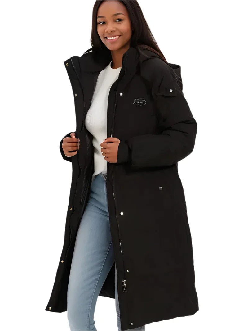 Dames Lange Winterjas met Capuchon – Zwart Effen, Gevoerd en Isolerend, Voor Winter