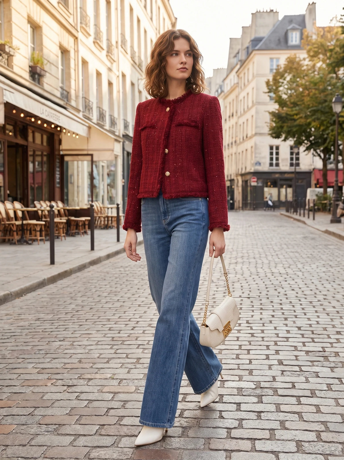 Back view of the Womens Textured Autumn Jacket showing its intricate construction details, showing a warm autumnal hue and tailored fit on a model.