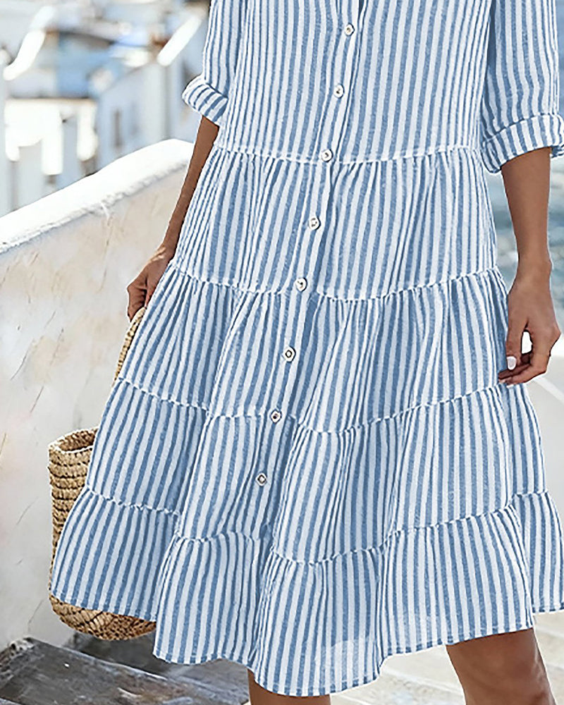 Dames A-lijn Jurk – Casual voor Lente en Zomer, Met Knopen en Korte Mouwen