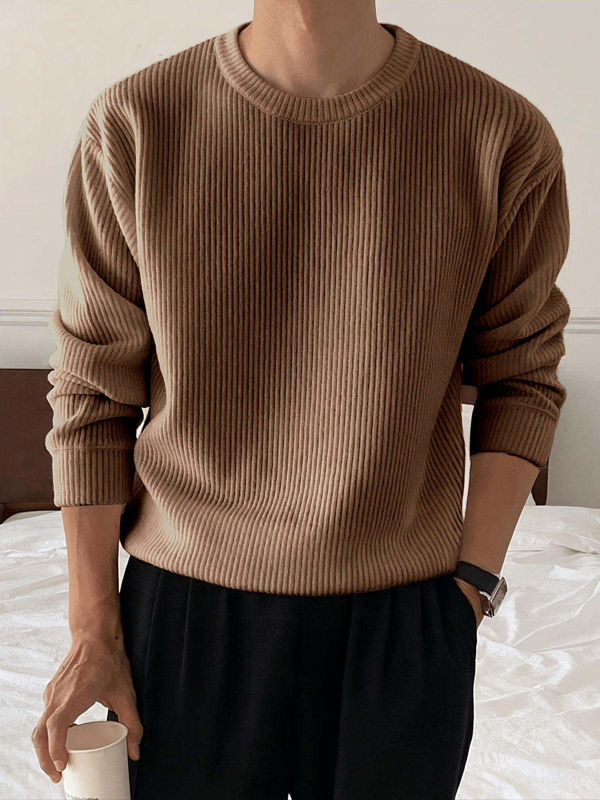 Heren Ribgebreide Crew-Neck Trui met Losse Pasvorm