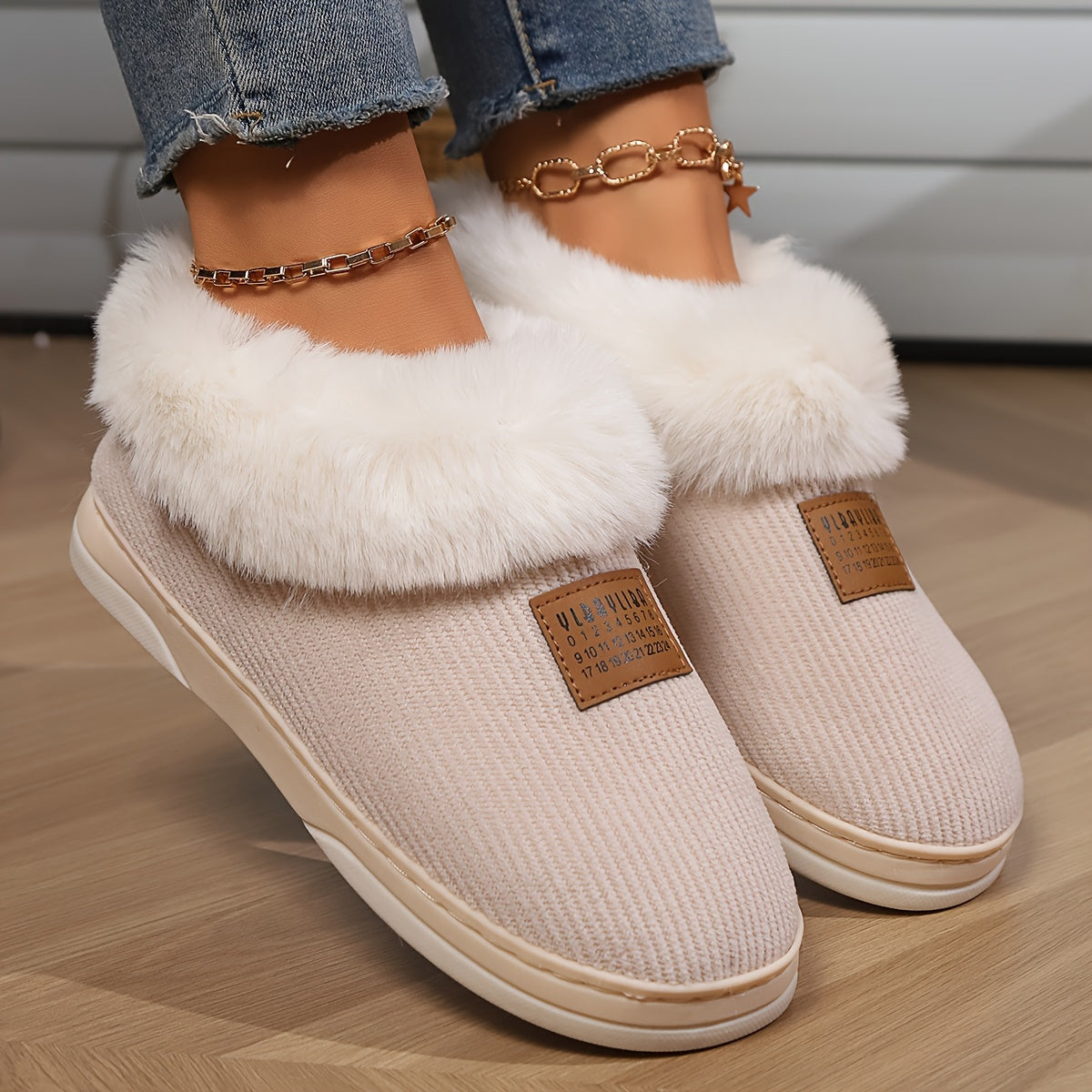 Dames Instap Pantoffels – Beige, Bontvoering, Antislipzool, Warme Huispantoffels voor Winter