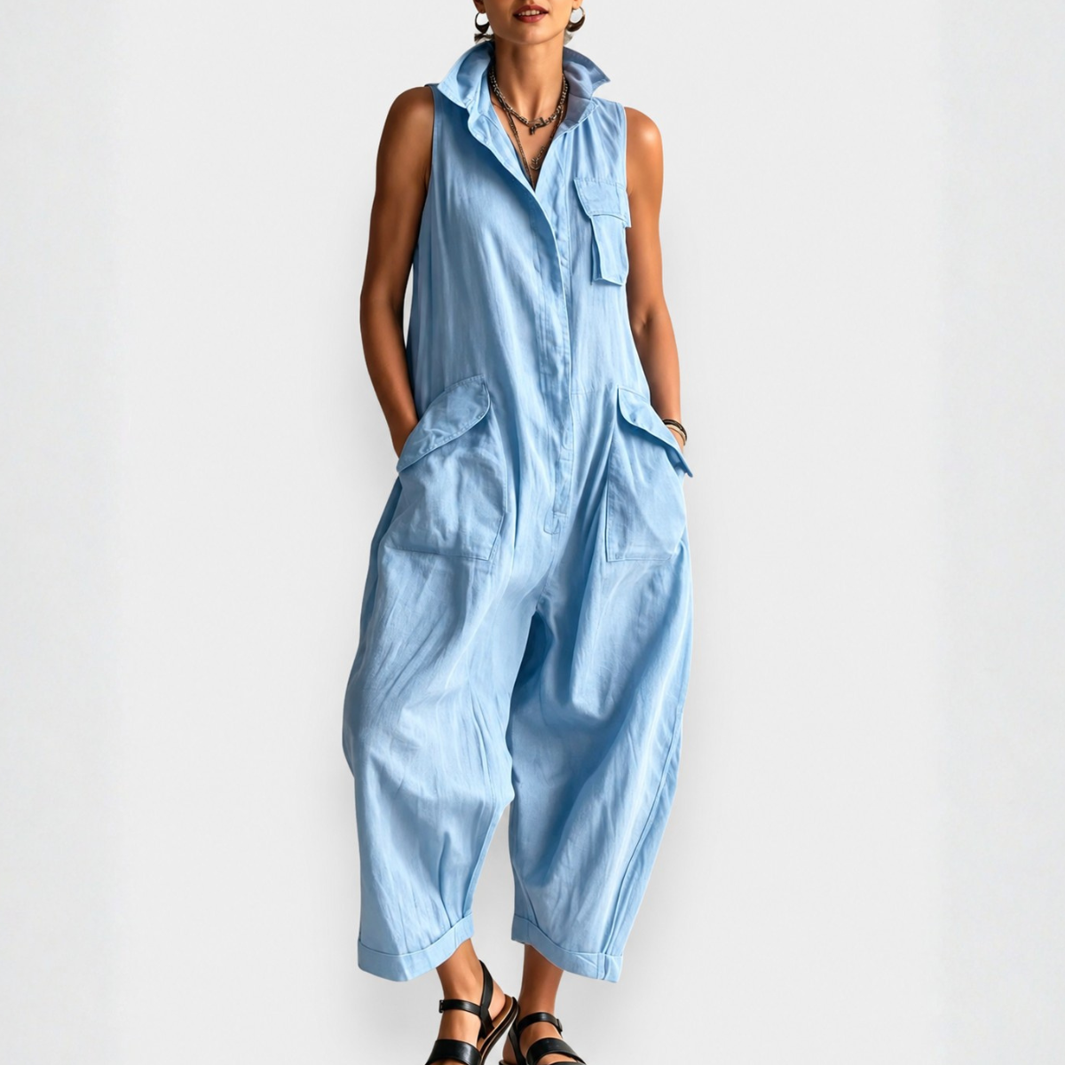 Dames Jumpsuit Mouwloos Cargostijl met Gestructureerde Kraag