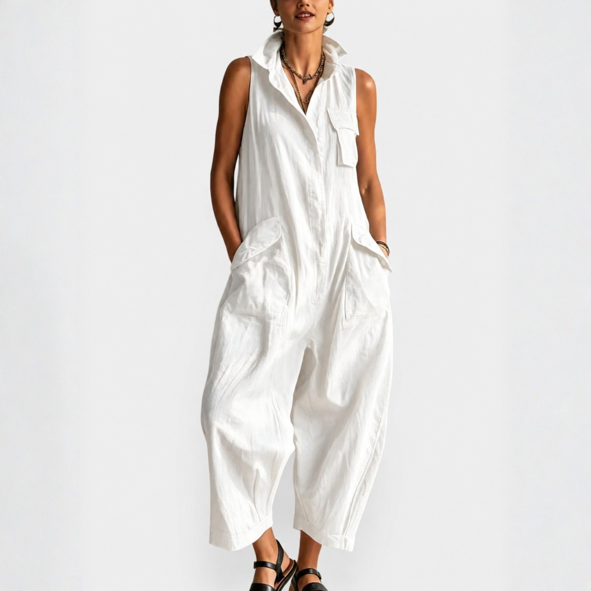 Dames Jumpsuit Mouwloos Cargostijl met Gestructureerde Kraag
