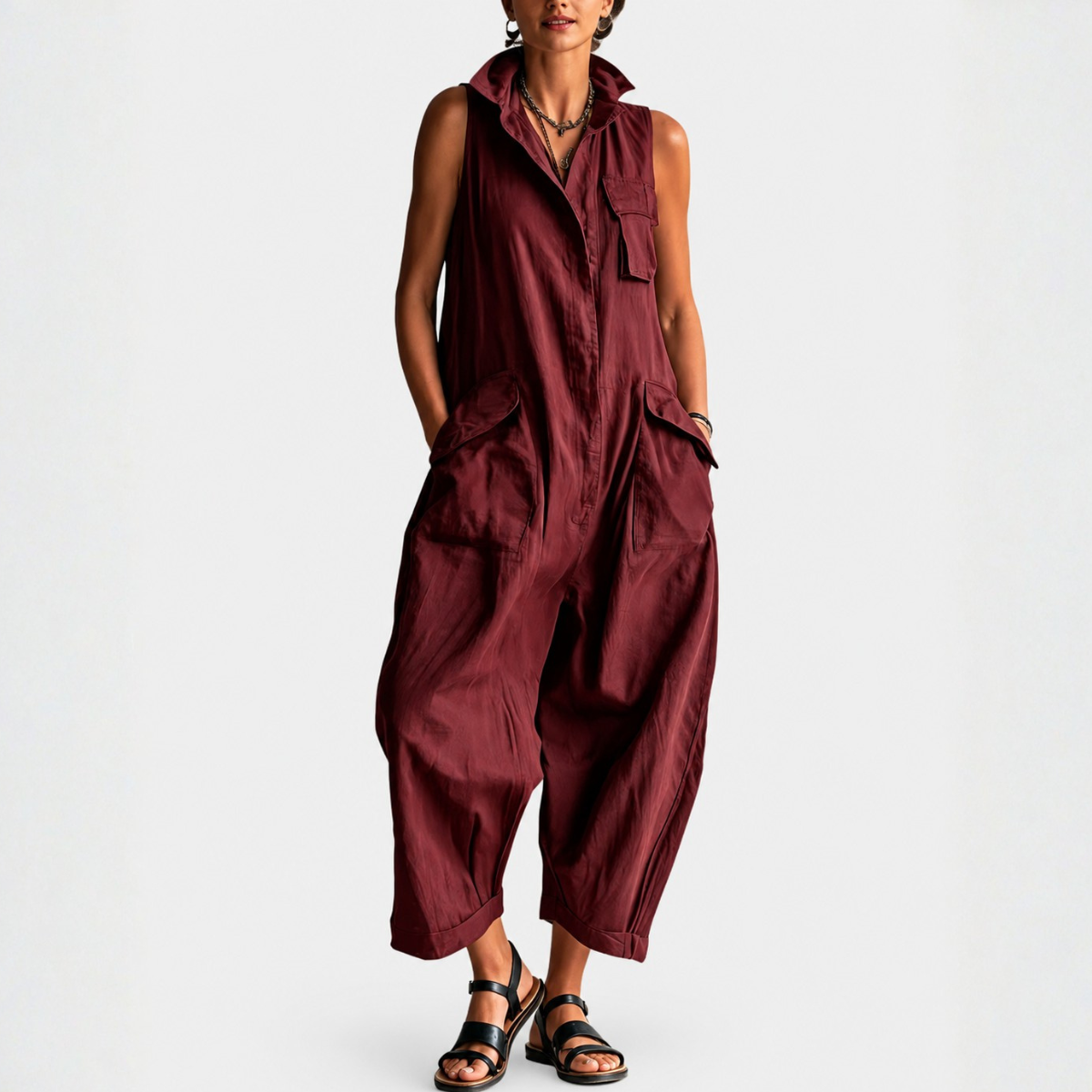 Dames Jumpsuit Mouwloos Cargostijl met Gestructureerde Kraag