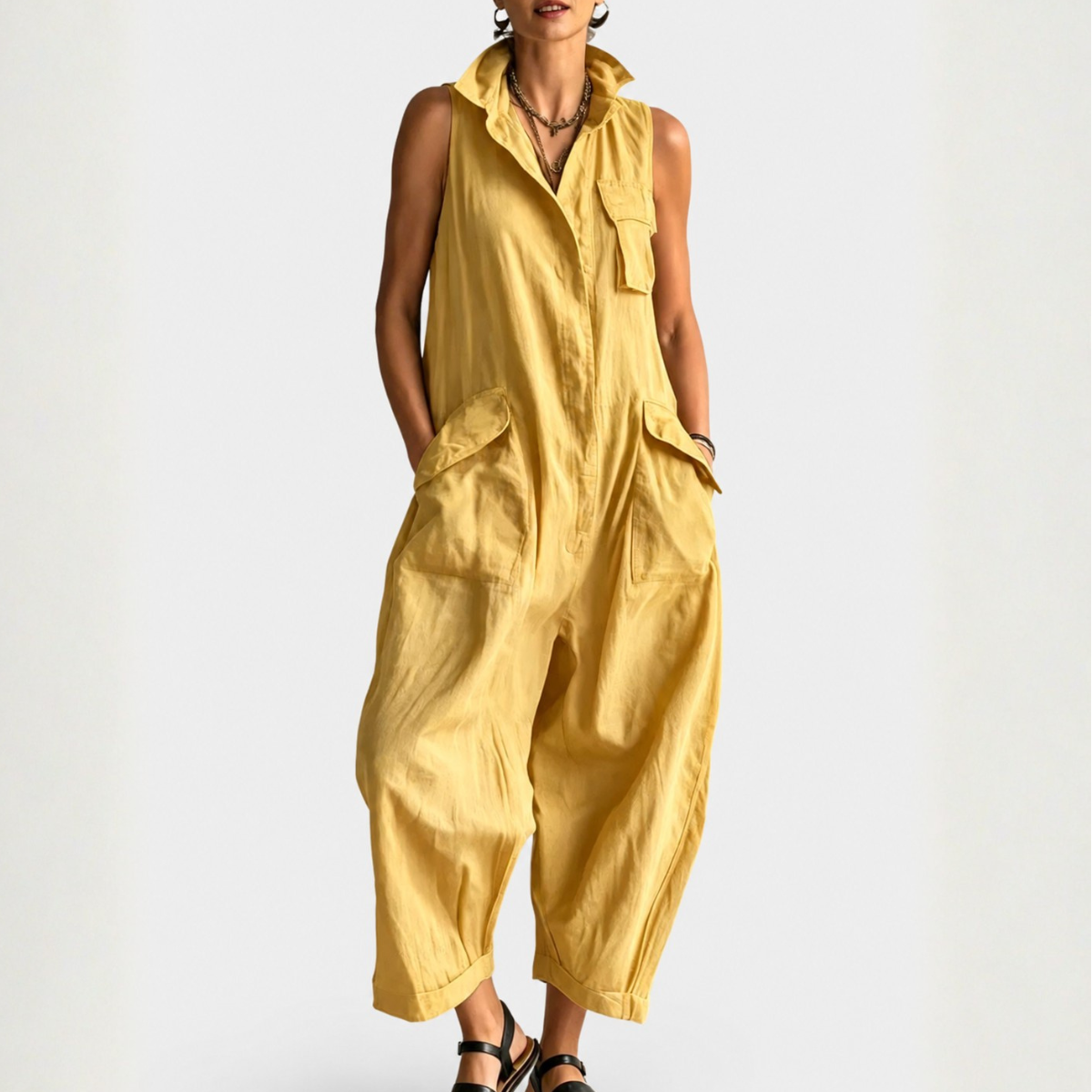 Dames Jumpsuit Mouwloos Cargostijl met Gestructureerde Kraag