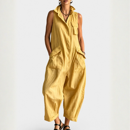 Dames Jumpsuit Mouwloos Cargostijl met Gestructureerde Kraag