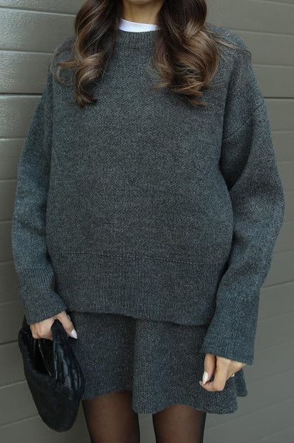 Dames Gebreide Trui en Rok Set - Oversized Pullover met Aansluitende Rok