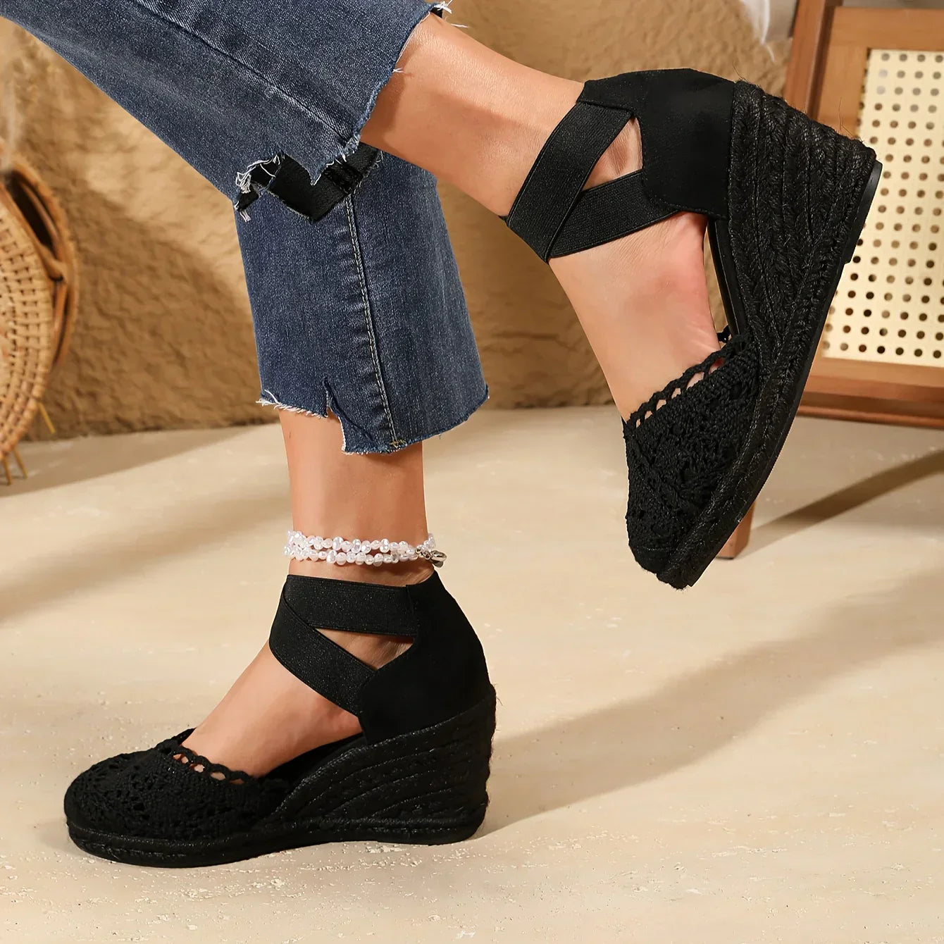 Gehaakte Dames Sleehak met Elastische Enkelband – Comfortabele Zomerse Schoen