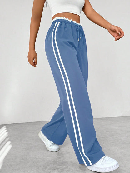 Dames Sportieve High-Waisted Joggingbroek – Zwart met Witte Strepen, Casual Sportkleding voor Vrije Tijd
