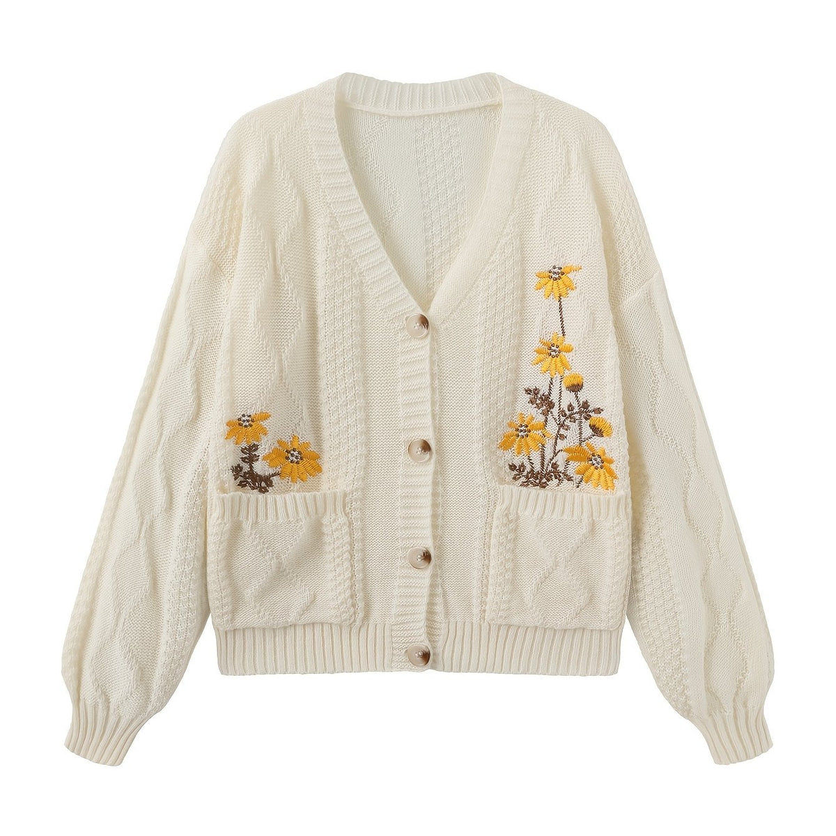 Winsome™ | Women's Floral Embroidered V-Neck Button Cardigan