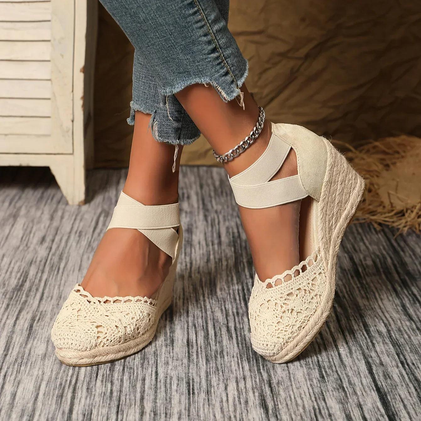 Gehaakte Dames Sleehak met Elastische Enkelband – Comfortabele Zomerse Schoen