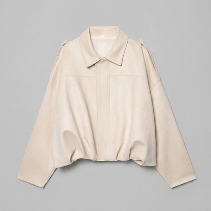 Ancona Suede Jacket — Beige, flat lay front on grey seamless