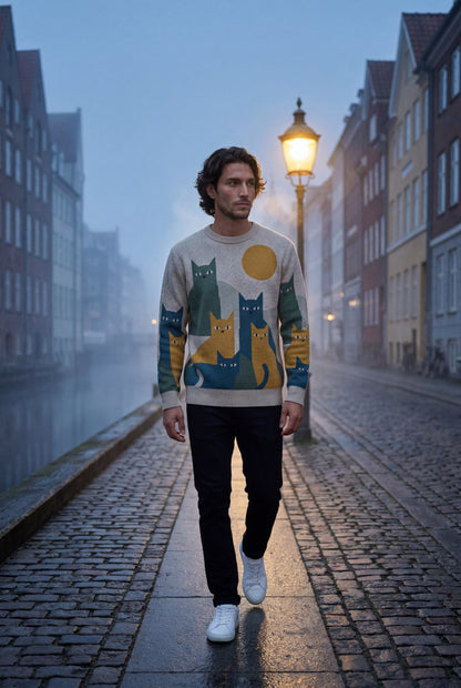 Beige Abstract Cat Graphic Crew Neck Long Sleeve Sweater - Photo 4