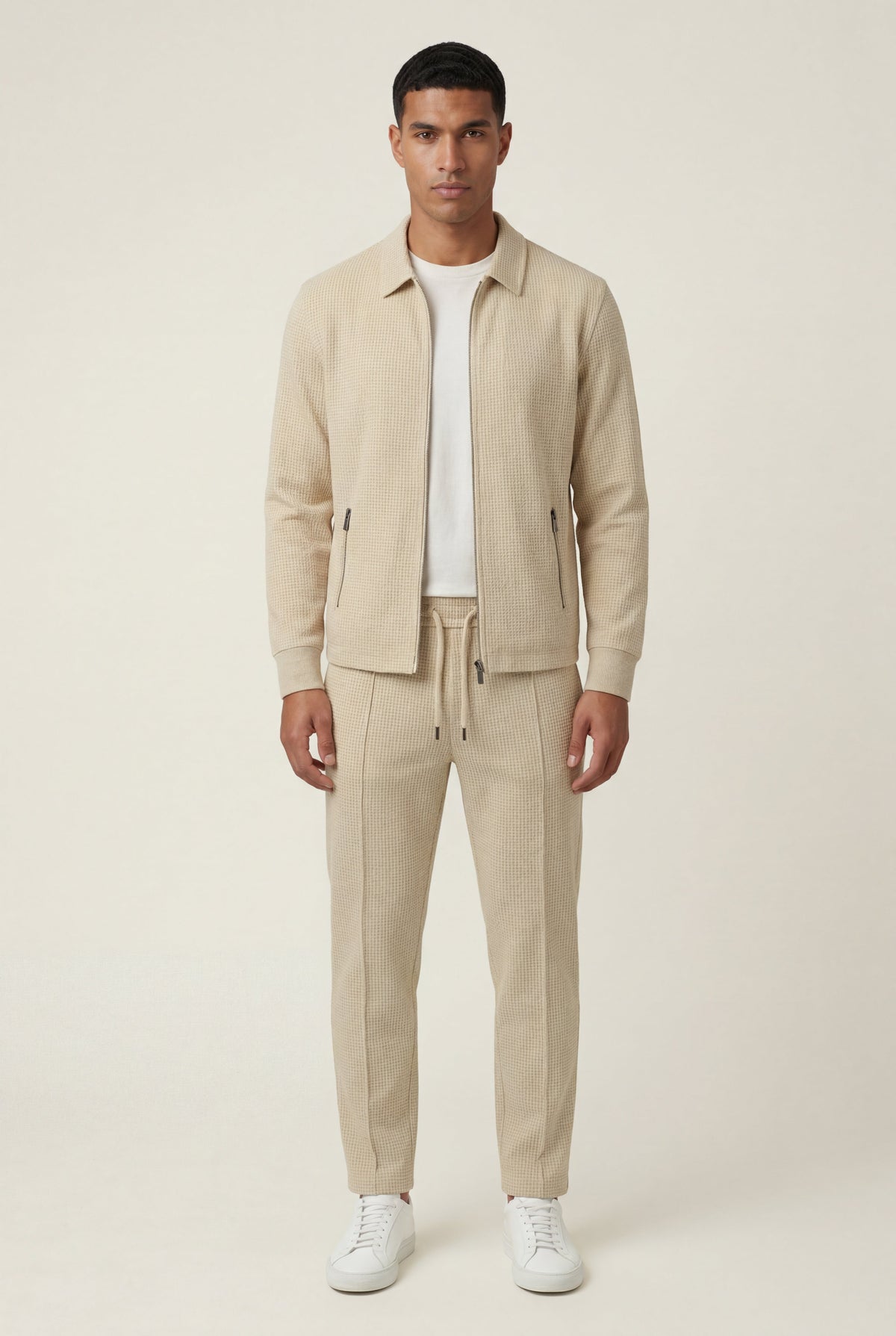 Beige Textured Zip-up Jacket and Jogger Set with Ribbed Detail - Two piece set - Photo 2
