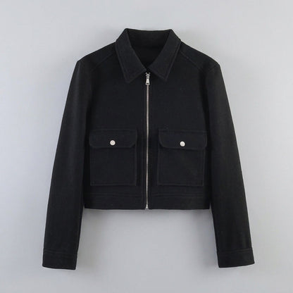 Udine Cropped Jacket — Black, flat lay front on grey seamless