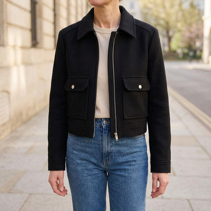 Udine Cropped Jacket — Black, lifestyle close crop on model
