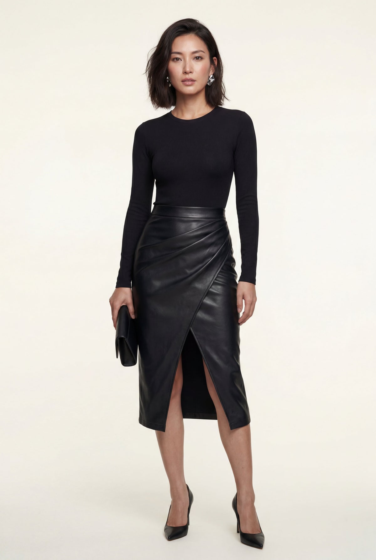 Black Asymmetric Wrap Front Midi Pencil Skirt with Slit - Midi skirts - Photo 3
