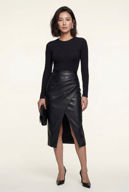 Black Asymmetric Wrap Front Midi Pencil Skirt with Slit - Midi skirts - Photo 3