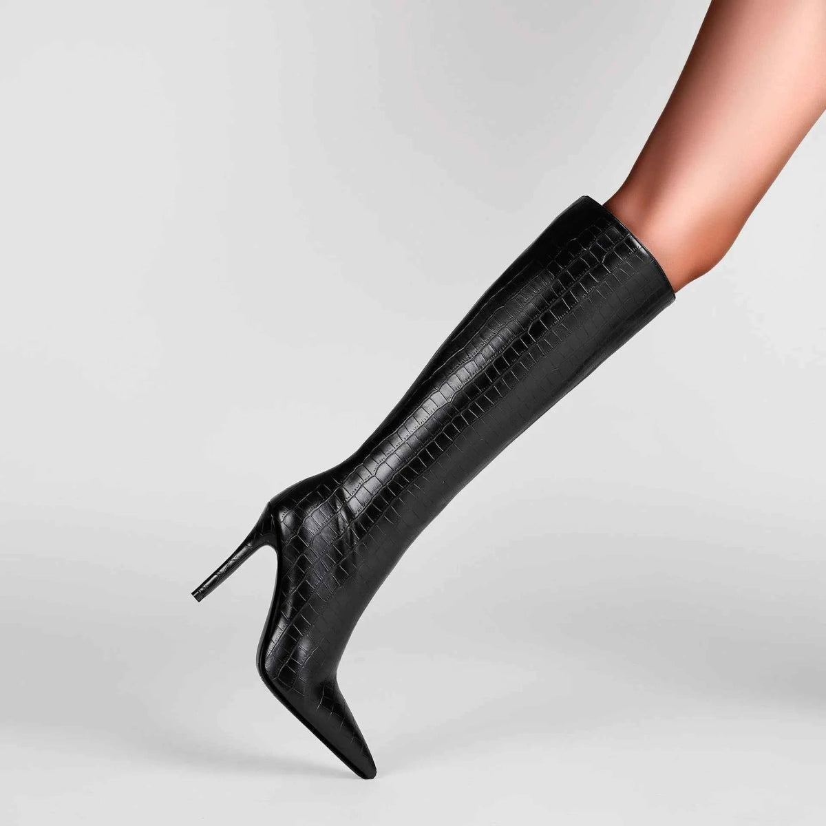 Black Black Croc-embossed Pointed Toe Stiletto Knee High Boots - Photo 5