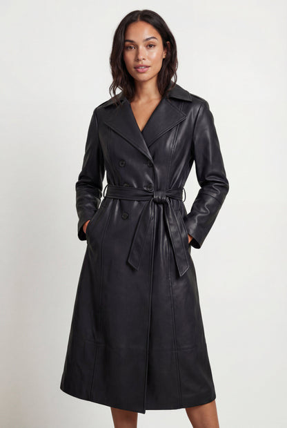 Black Black Double-breasted Belted Faux Trench Coat - Trench coats - Photo 1