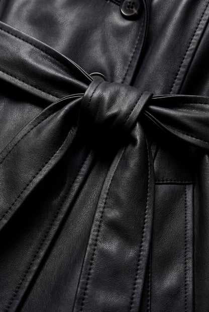 Black Black Double-breasted Belted Faux Trench Coat - Trench coats - Photo 4