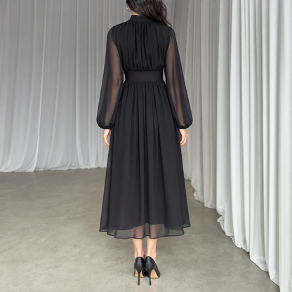 Transparante Mouwen Midi Jurk met Hoge Hals – Elegante Keuze voor Elke Gelegenheid