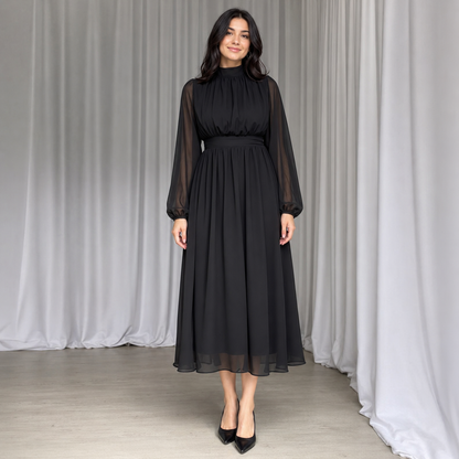 Transparante Mouwen Midi Jurk met Hoge Hals – Elegante Keuze voor Elke Gelegenheid