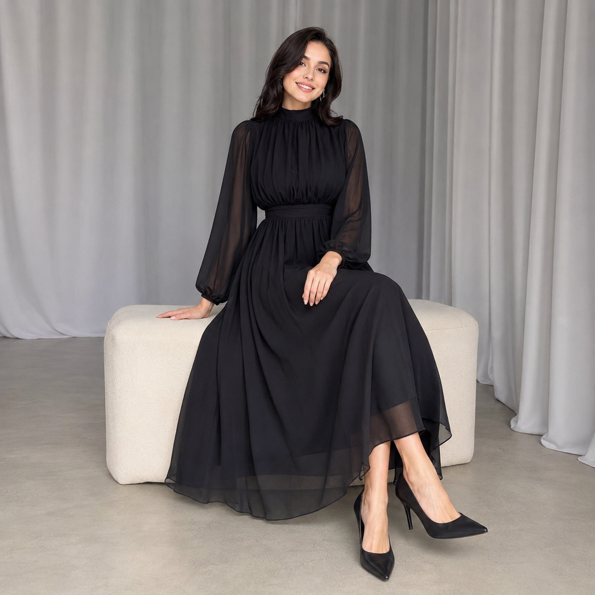 Transparante Mouwen Midi Jurk met Hoge Hals – Elegante Keuze voor Elke Gelegenheid