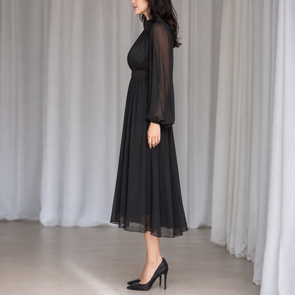 Transparante Mouwen Midi Jurk met Hoge Hals – Elegante Keuze voor Elke Gelegenheid