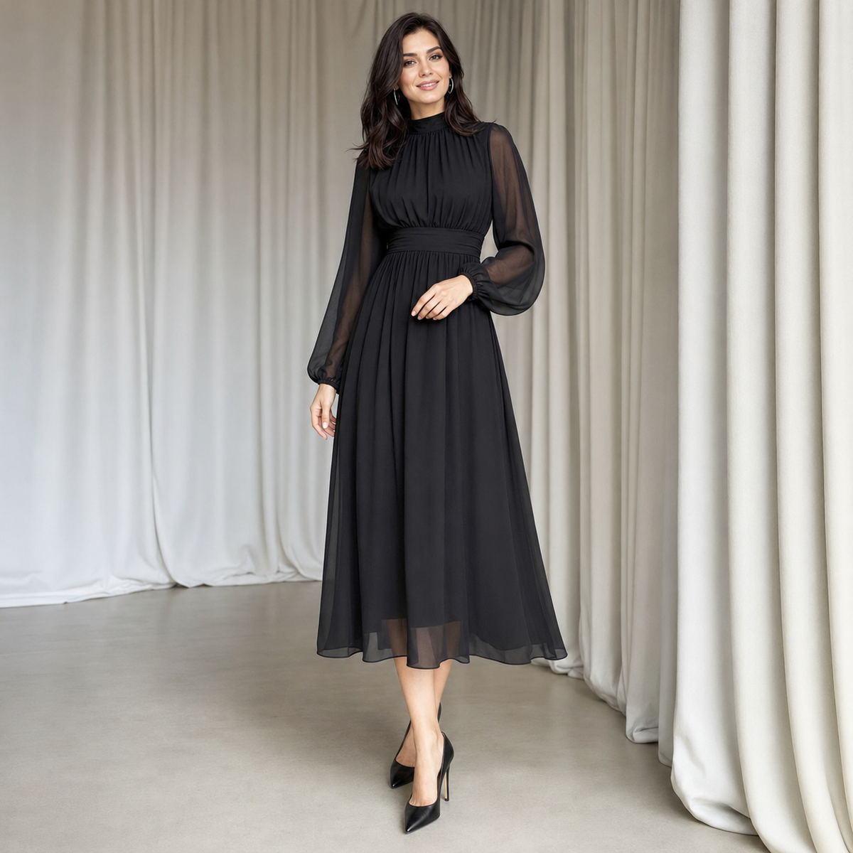Transparante Mouwen Midi Jurk met Hoge Hals – Elegante Keuze voor Elke Gelegenheid