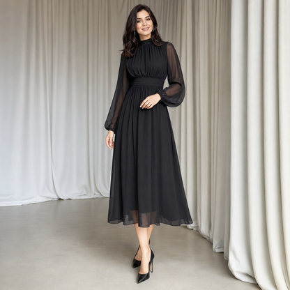 Transparante Mouwen Midi Jurk met Hoge Hals – Elegante Keuze voor Elke Gelegenheid