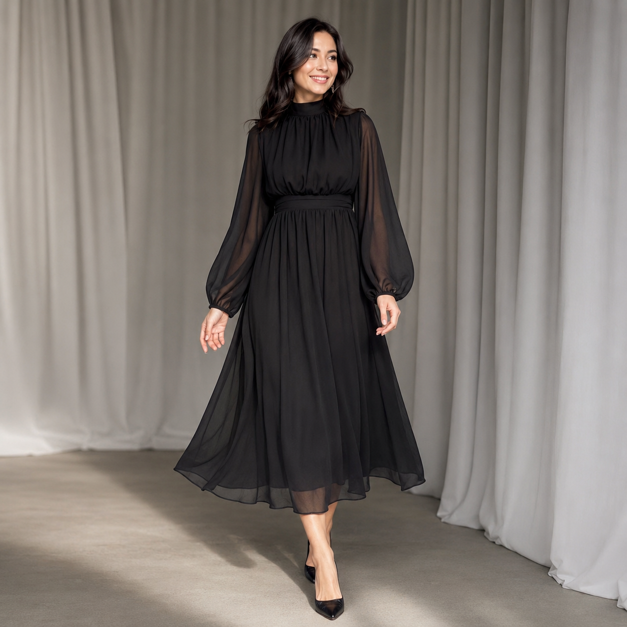 Transparante Mouwen Midi Jurk met Hoge Hals – Elegante Keuze voor Elke Gelegenheid