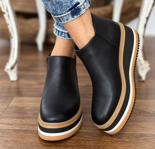 Dames Enkelboots met Rits – Zwart Leer, Plateau Hak voor Casual en Avondkleding