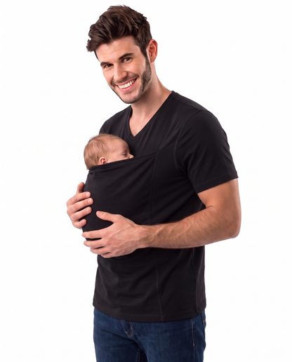 Black kangaroo pocket babywearing t-shirt, front view with baby in pouch