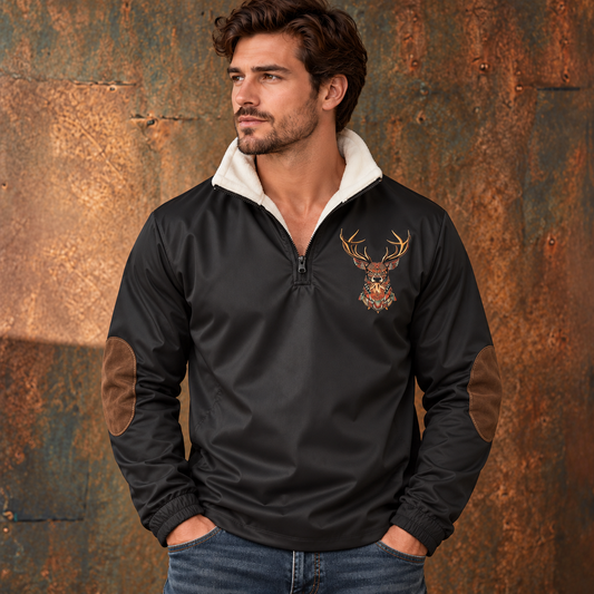 Sudadera de hombre con cuello de forro polar y half-zip - Motivo de ciervo bordado