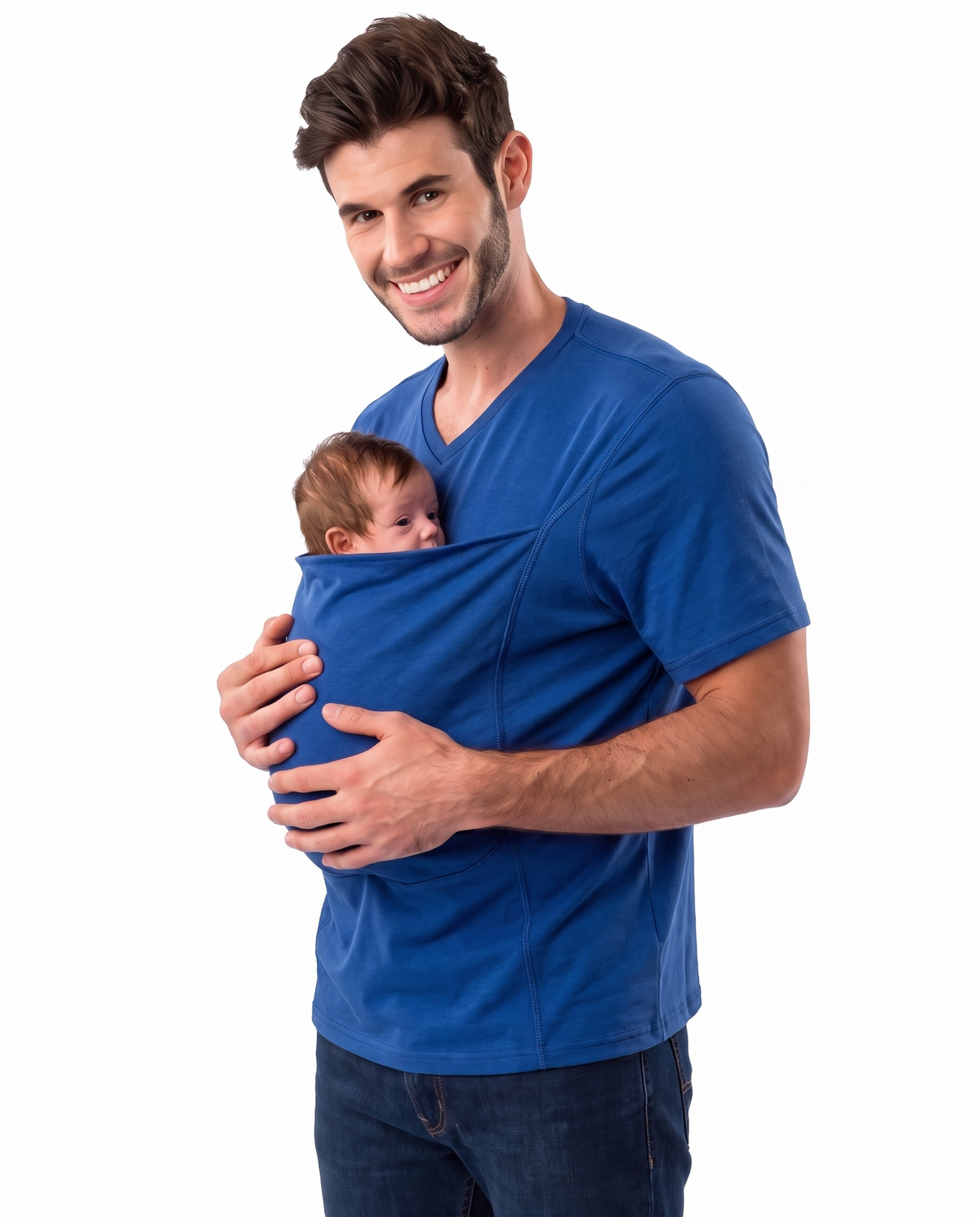 Blue kangaroo pocket babywearing t-shirt, front view with baby in pouch