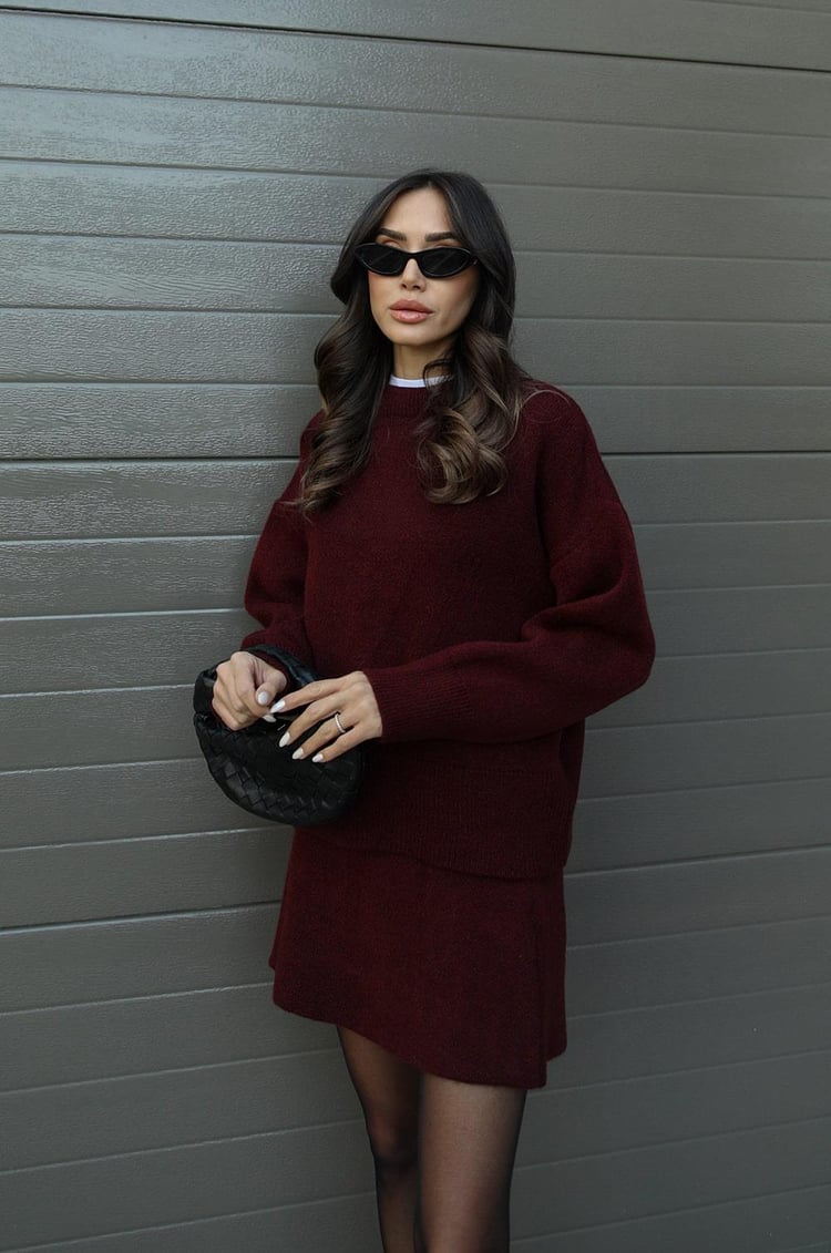 Dames Gebreide Trui en Rok Set - Oversized Pullover met Aansluitende Rok
