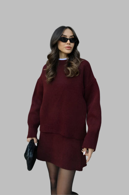 Dames Gebreide Trui en Rok Set - Oversized Pullover met Aansluitende Rok