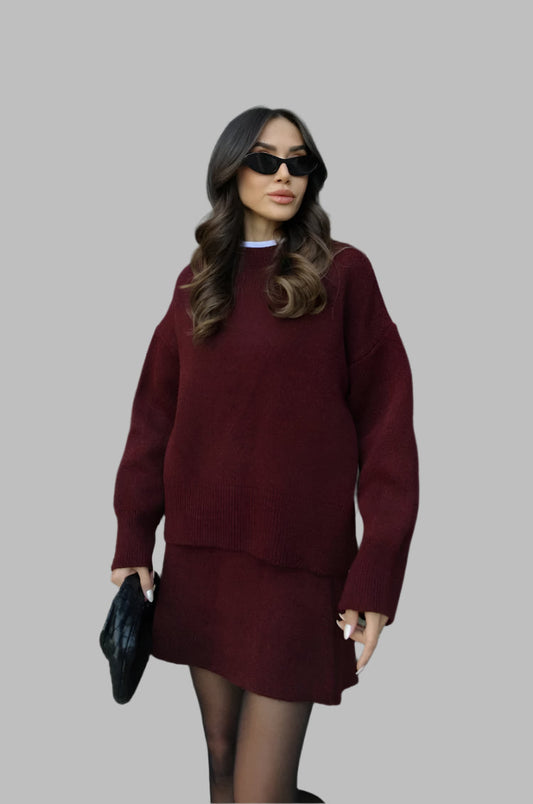 Dames Gebreide Trui en Rok Set - Oversized Pullover met Aansluitende Rok