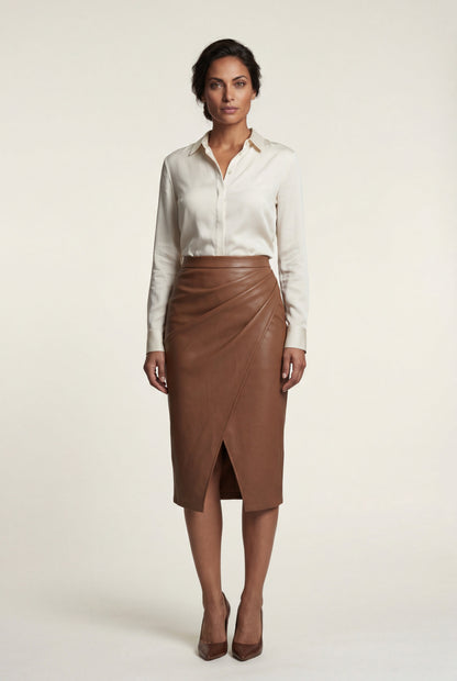 Brown Asymmetric Wrap Front Midi Pencil Skirt with Slit - Midi skirts - Photo 1