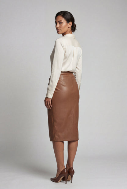 Brown Asymmetric Wrap Front Midi Pencil Skirt with Slit - Midi skirts - Photo 4