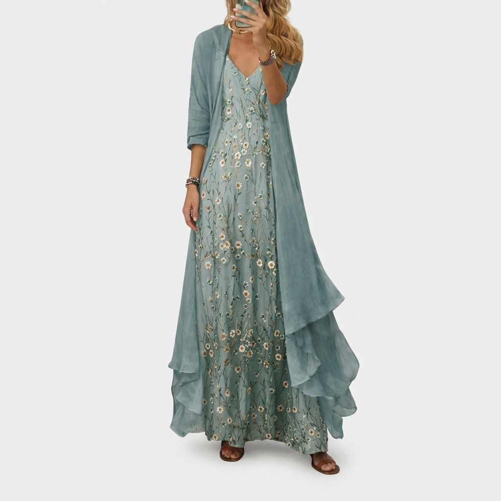 Iselin Embroidered Floral Two Piece Maxi Dress Set_1