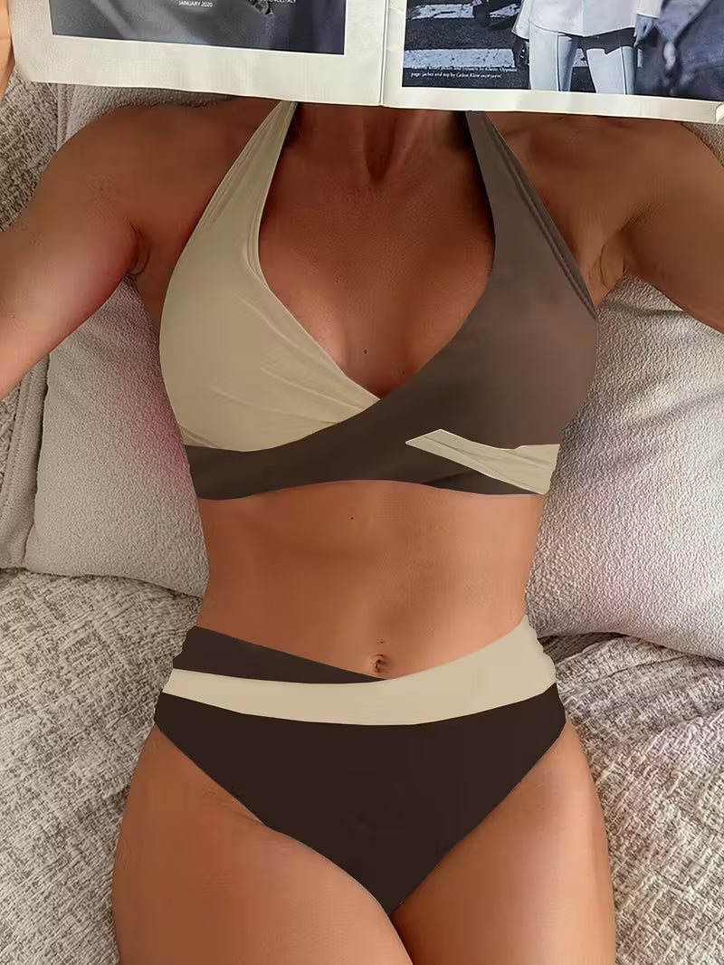 Dames Bikini Halterneck met Crossover Top en Hoge Taille