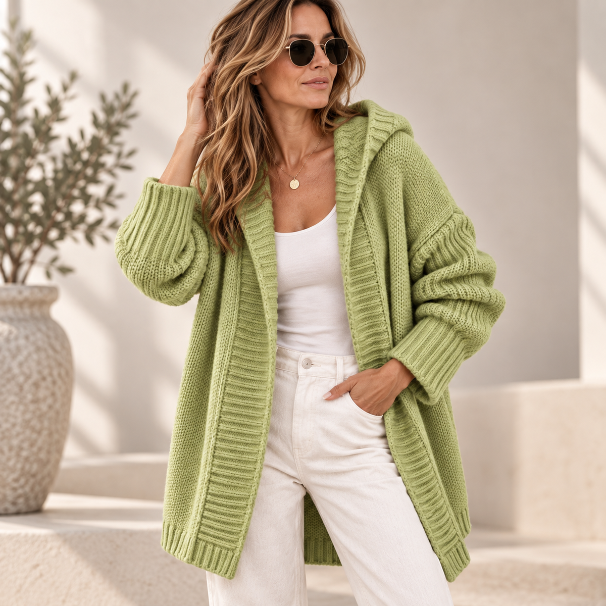 Dames Vest met Capuchon Grof Gebreid Longline Cardigan