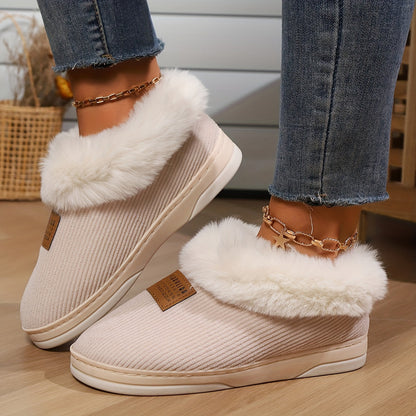 Dames Instap Pantoffels – Beige, Bontvoering, Antislipzool, Warme Huispantoffels voor Winter