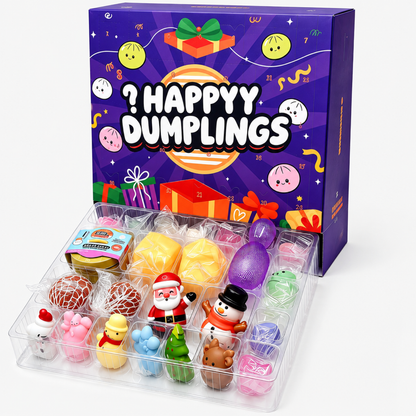 Assortiment de jouets squishy en forme de boulette inclus dans le calendrier de l'Avent de Noël