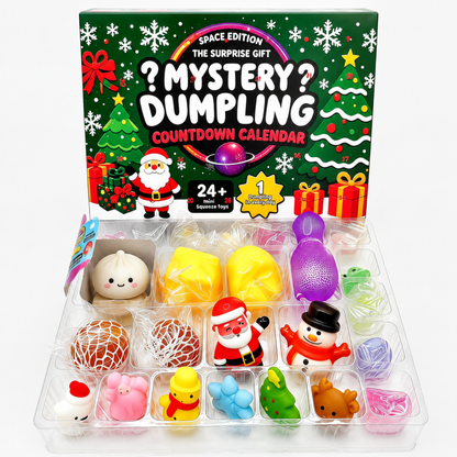 Compartiment quotidien du calendrier de l'Avent ouvert révélant une surprise jouet squishy boulette